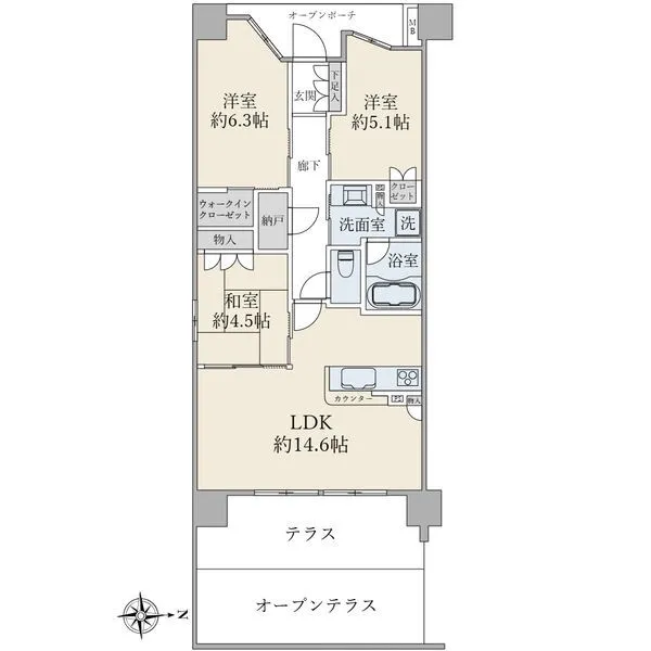ブリリアシティ千里丘 3LDK+WIC+S|68.45平米|東向き|テラス・オープンテラス付