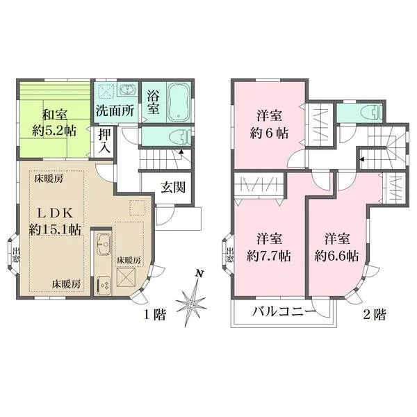 横浜市磯子区岡村7丁目 LDKは約15.1帖。各居室や水回り、階段など各所に窓があり、陽当り&通風良好。各和洋室に収納有。