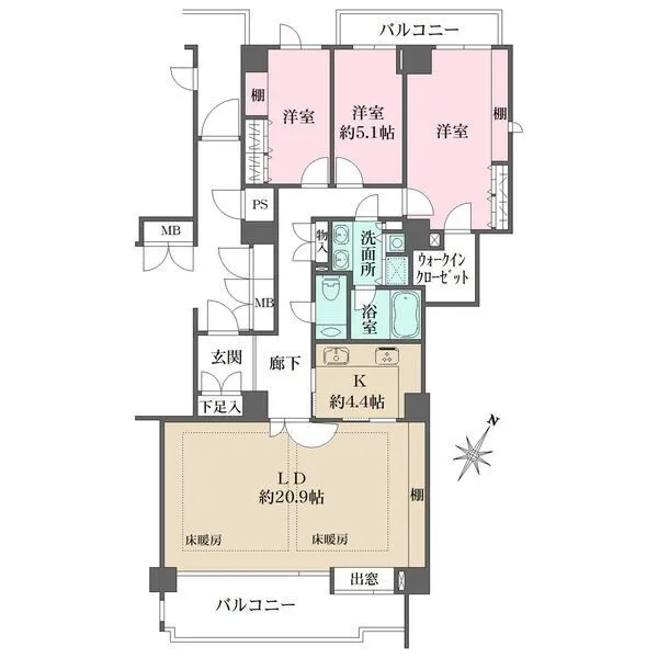 パークハウス多摩川南壱番館 通風良好な2面バルコニー付き。ウォークインクローゼットや棚など、収納豊富で住空間を有効活用できます。