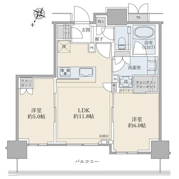 ブリリアタワー有明ミッドクロス 17階/北西向き/2LDK/54.90平米 全居室バルコニーに面した間取りでございます。